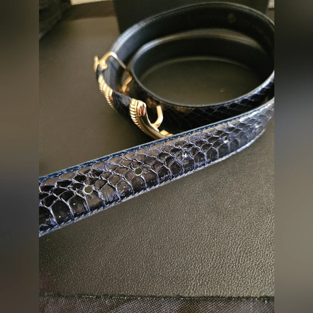 Vintage Women's Leather Shop Navy Blue Snakeskin Embellished Buckle Belt Size L